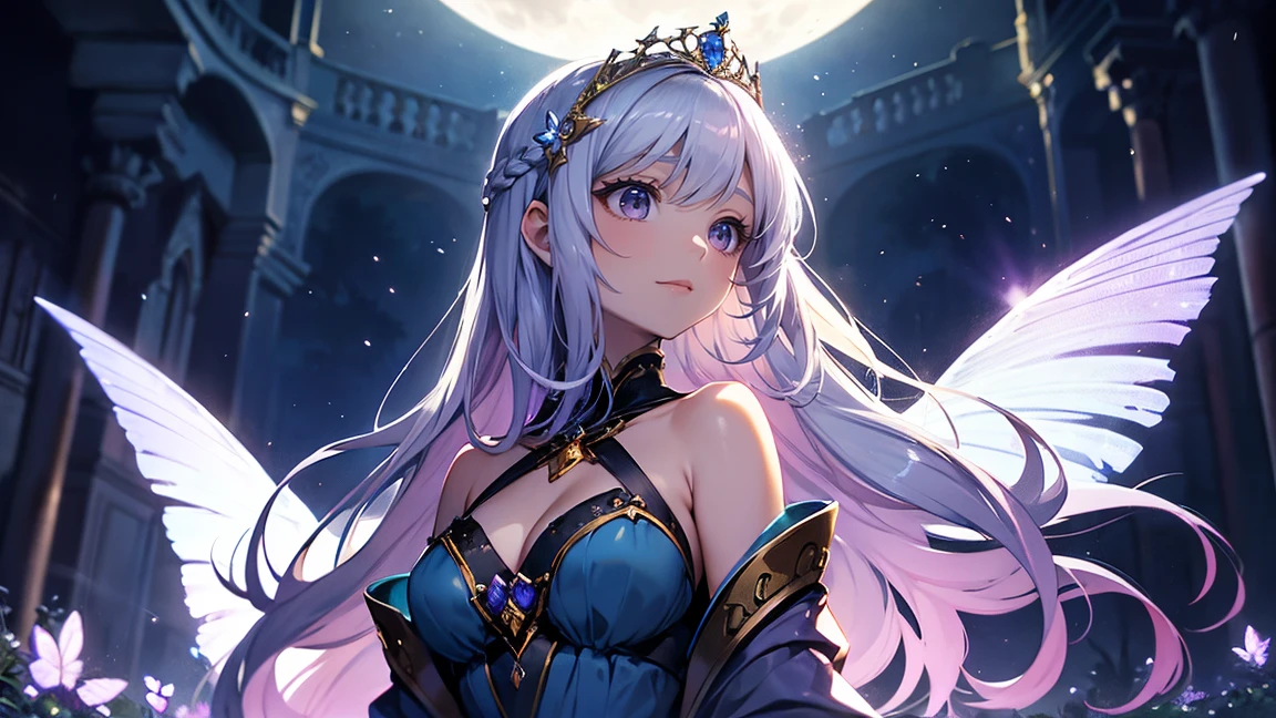 A princess with a delicate and beautiful face, large eyes, and translucent skin is looking up at the moon from a castle, enchantingly dressed in a traditional and glamorous medieval European dress and wearing a large hair ornament. A gentle, warm light surrounds the princess. The background is filled with soft out-of-focus light, and the pale blue and purple tones create a dreamy, serene, and enchanting atmosphere. Fireflies glowing in the moonlit night surround the princess, adding to the magical and ethereal atmosphere. Emphasis on the armpit and clavicle