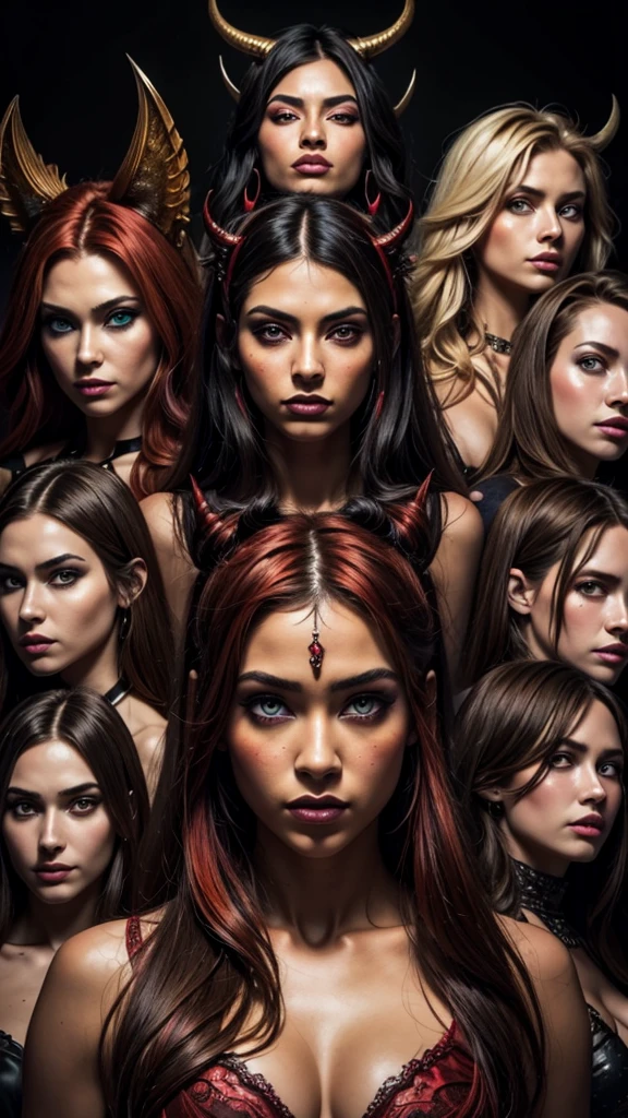 (((Masterpiece))), Best Quality, Hyper Detailed Gouache Style Painting Portrait of a Group of Enchanting Female Demons, Glowing Red/Yellow Eyes, Smooth Shadows, Hyper Realistic Textures, 8K, Best Quality, Realistic Cartoony Features, Stylized Illustration, Smooth Shadows, Correct Anatomy, Chromatic Aberration, Neon Highlights, Global Warm Lights, Dynamic Poses, Expressive Facial Expressions. This artwork, a testament to the artist's mastery, showcases a captivating ensemble of female demons. Their eyes glow with an otherworldly rad