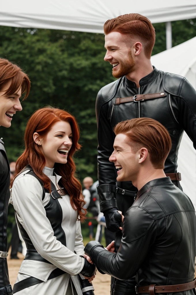 White tent next to others with realistic-looking long wavy silver haired short female laughing with red-head male with short way hair and light brown haired male with short hair. Everyone wearing black fighting leathers