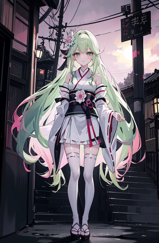 A pink-haired,The hair was long,green eyes,Very long dull hairs,dark city background,white kimono costume,White miko stockings,white mini skirt, night,standing,