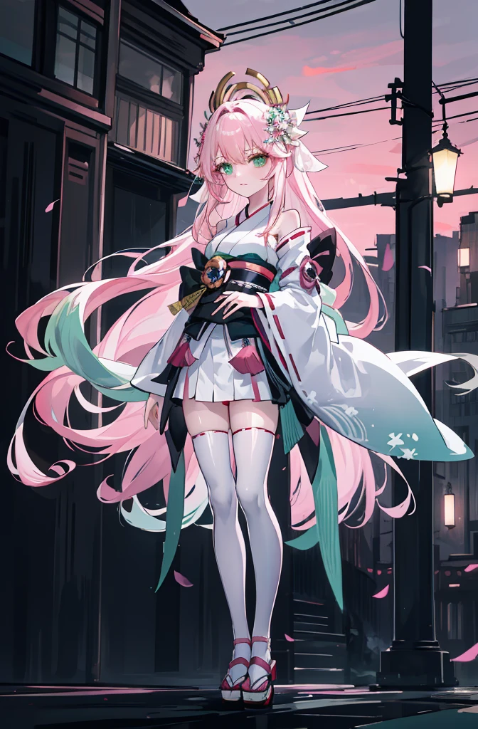 A pink-haired，The hair was long，green eyes,Very long dull hairs，dark city background，white kimono costume，White miko stockings，white mini skirt, night,standing,