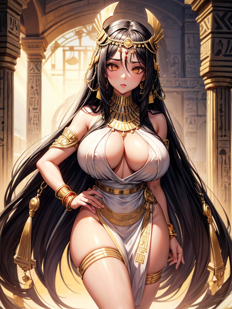 1 girl, black hair, very long hair, golden eyes, beautiful eyes, big eyes, big lips, glossy lips, very curvy body, big breasts, long legs, big butt, wide hips, thick thights, defined image, seductive gaze, ancient Egyptian, ancient Egyptian queen, big gold earring, gold necklace, gold bracelets, white dress