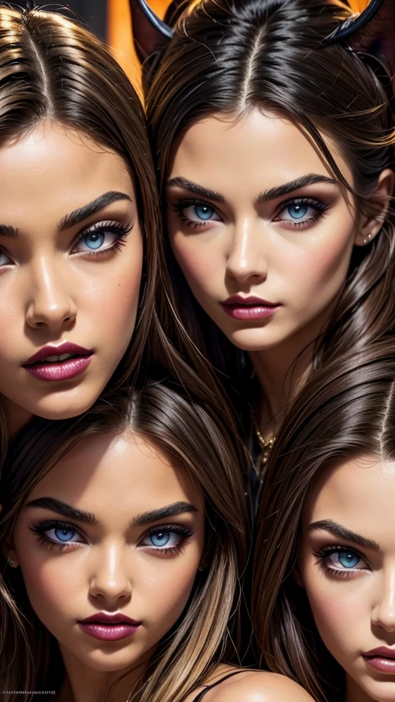 (((masterpiece))), best quality, hyper detailed gouache style painting portrait of a group of beautiful female demons, red/yellow eyes, smooth shadows, hyper realistic textures, 8k, best quality, realistic cartoony features, stylized illustration, smooth shadows, correct anathomy, chromatic aberration, neon highlights, global warm lights, dynamic poses, expressive facial expressions