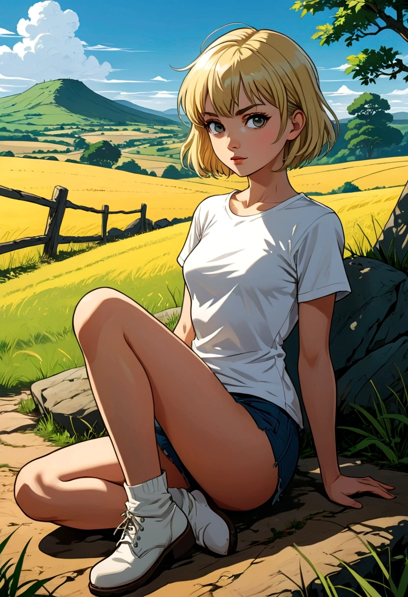 a white girl, short hair, bangs, anime style, white t-shirt, strong shadow, bold lineart, blonde hair, crossed legs, small breasts, country landscape