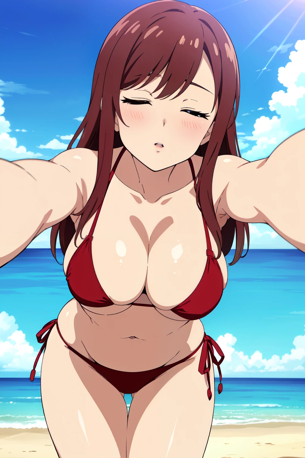 (Highest quality、Tabletop、8K、Best image quality)、(One mature woman:1.3)、(beautiful mature woman aged 50:1.3)、(beautiful, Shine, Pure white skin:1.1)、Brown Hair、、(Very bright red bikini:1.2)、(Very bright and clear sea:1.2)、 Shine明るい海、澄んだbeautiful海、Very clear sea、(beautiful Hiroshi々Standing on the beach:1.1)、beautiful surf edge、(Very vivid and bright sunny sky:1.1)、(beautiful and bright cumulonimbus clouds:1.1)、(very bright and vivid:1.2)、(Super bright and Shine skin:1.1)、(Ultra-high resolution, 明るくbeautiful肌:1.1)、Ultra-high resolution beautiful teeth、Ultra HD Hair、Ultra-high resolution sparkling eyes、Natural Makeup、Accentuate your body lines、(Very 明るくbeautiful肌:1.1)、(Big Breasts:1.3)、(Voluptuous body:1.1)、(Very small waist:1.1)、(Perfect Anatomy:1.1)、(Close-up of face:1.3)、(Selfie with both hands:1.3)