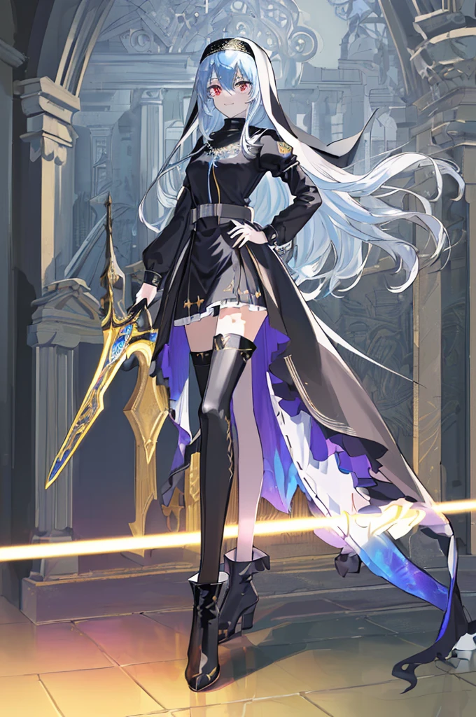 [(cathedral background:1.4)::5],Original,(Illustration:1.1),(Best Quality),(masutepiece:1.1),(the Extremely Detailed CG Unity 8K Wallpapers:1.1), (Colorful:0.9),(mid-shot:0.95),(Full body:1.5),Dynamic Angle,(Solo:1.2), (girl),(((Adult))), (Detailed beautiful eyes:1.15), (Beautiful face:1.15), (Glowing black eyes:1.25////),(Blue Long Hair),(nun headdress),(+perfect hand+:1.21),(Draw an illustration of a Holy Knight Wizard),(Religious),(slender),(she has boots on her feet),((I'm wearing black knee-high socks)),Smile,(Ruffled miniskirt with metal embellishments),beautiful slender adult,((theater background)),