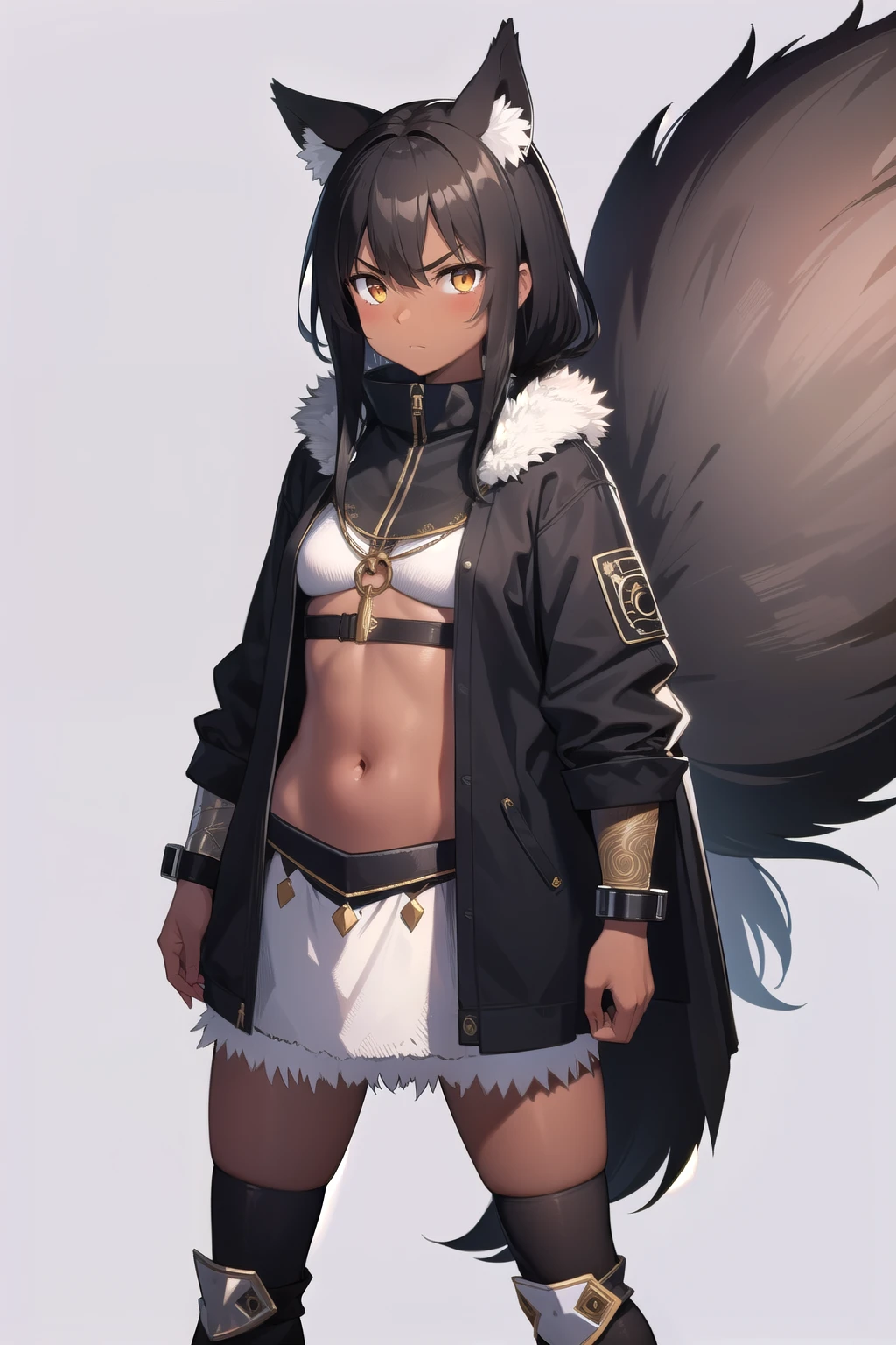 ultra detailed, masterpiece, girl, black hair, dark skin, wolf skin clothes, eskimo style, tribal warrior, native, angry. Standing front. 