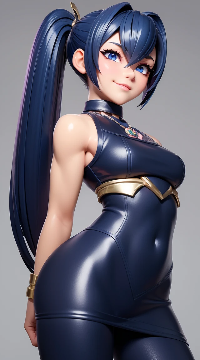 (masterpiece:1.3), (Best Quality:1.3), (Ultra-detailed:1.2), ((kawaii)), Cute, (lovely), ((sexy)), ((Extremely detailed)), 4K, (8K), Best Quality, (Beautiful), Illustration, anime style, (bold line:1.2), Gradation, looking at viewer, //, (bent down:1.1), (arms behind back), //, a cute girl, 1girl, (solo:1.2), gleaming skin, //, (flat chested), (Perfect eyes:1.2), (Perfect iris:1.2), //, darkblue hair color, (beautiful eyes) //, (half closed eyes:1.3), (sexual expression:1.2), Fascinated expression, smile, (blush:1.2), //, modern city background, on rock, twin tails, muscle girl, hard abs, exposed abs, NECKLACE, tight blouse, skirt