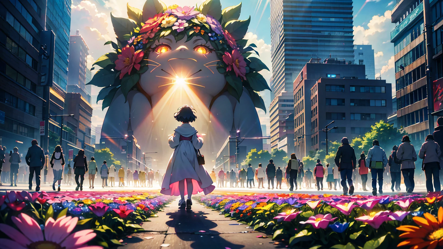A vibrant flower blooms on the dirty ground of a large gray avenue. A crowd of gray, soulless people crosses the streets. A colorful , shining with bright tones, stands protectively over the flower, protecting her with his little hands and determined eyes. Sunlight breaks through the dark clouds. ghibli studio style