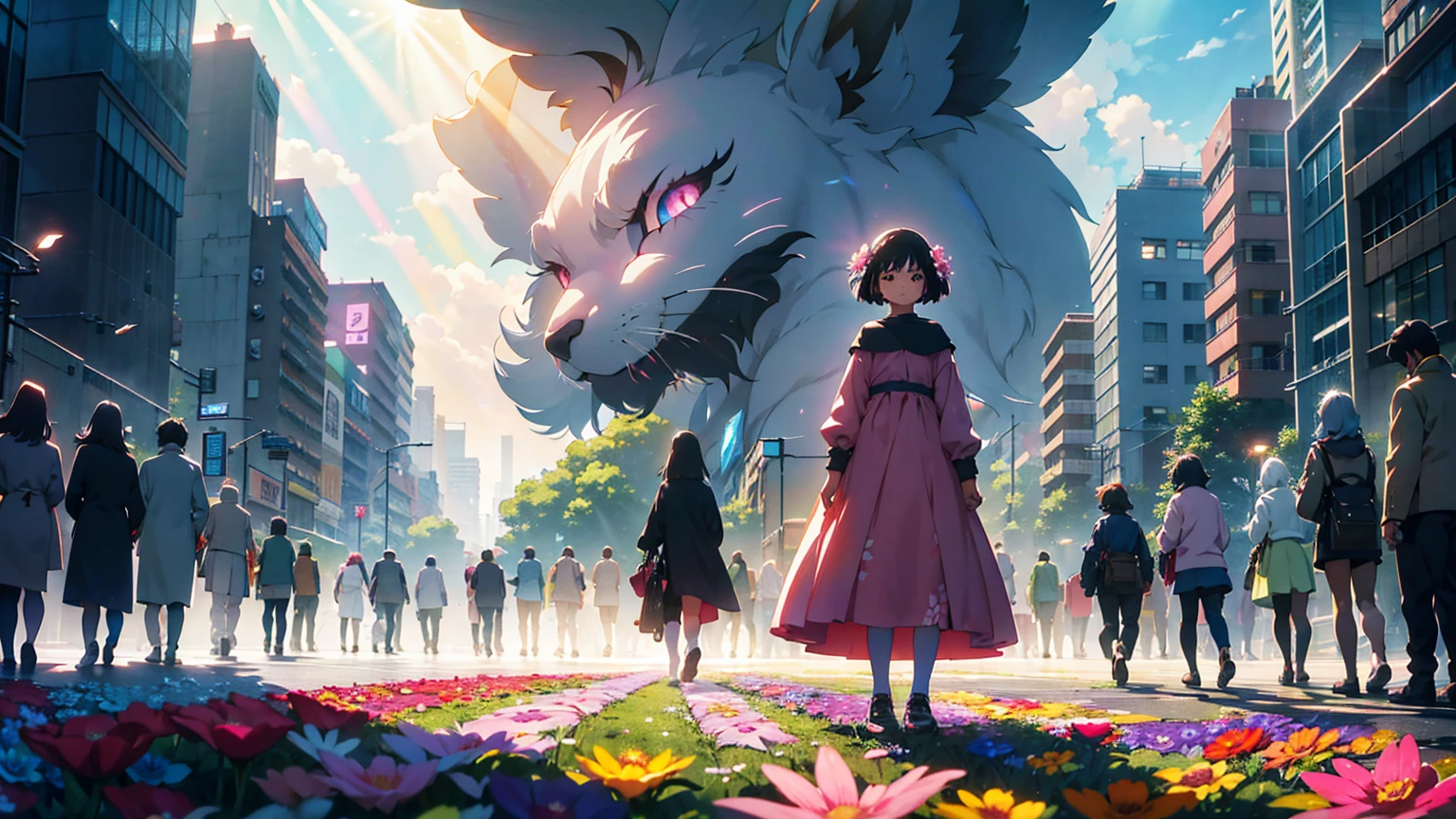 A vibrant flower blooms on the dirty ground of a large gray avenue. A crowd of gray, soulless people crosses the streets. A colorful , shining with bright tones, stands protectively over the flower, protecting her with his little hands and determined eyes. Sunlight breaks through the dark clouds. ghibli studio style