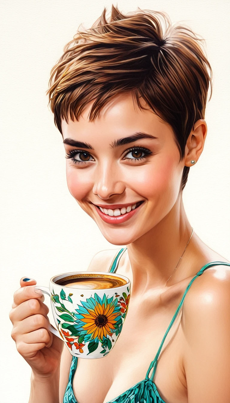 creates a woman smiling short hair pixie , Flores, yuna cup of coffee masterpiece, estilo illustration de Ali Erturk, high detail, hyperrealistic, natural light,illustration , Bright colors