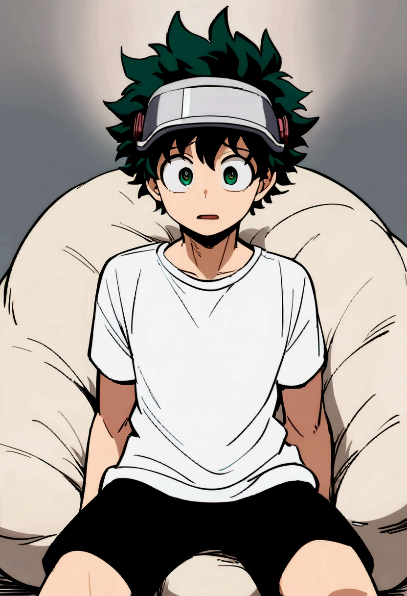 (masterpiece, best quality:1.2), solo, male focus, 1boy, midoriya izuku, short green hair, green eyes, white t-shirt, black shorts, domed helmet with visor over eyes, mind control device, blank expression, mouth hanging open, sitting in bean bag, anime style, my hero academia style