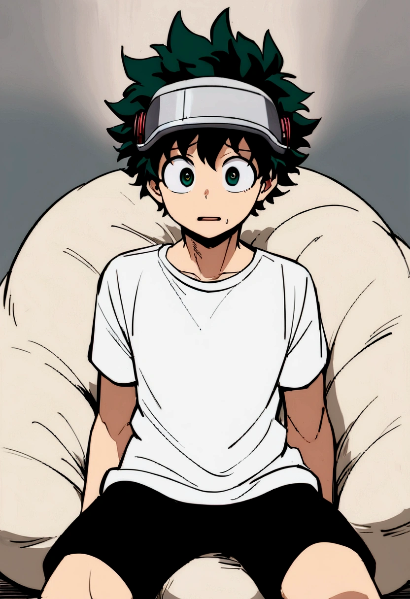 (masterpiece, best quality:1.2), solo, male focus, 1boy, midoriya izuku, short green hair, green eyes, white t-shirt, black shorts, domed helmet with visor over eyes, mind control device, blank expression, mouth hanging open, sitting in bean bag, anime style, my hero academia style