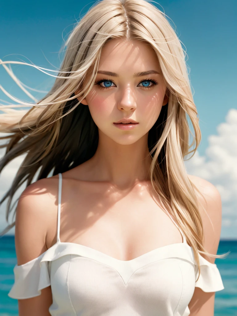 best quality, masterpiece, (Realistic:1.2), beach, swimsuit, upper body, sunlight, huge water splash, sun flare
