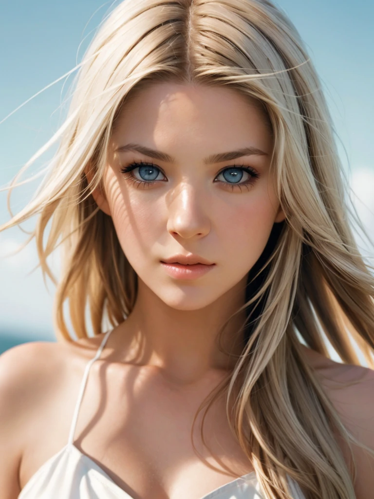 A beautiful t4r4r woman,1girl,solo,long hair,blue eyes,blonde hair,bare shoulders,upper body,sky,day,lips,grey eyes,realistic,soft lighting, professional Photography, Photorealistic, detailed, RAW, analog, sharp focus, 8k, HD, high quality, masterpiece