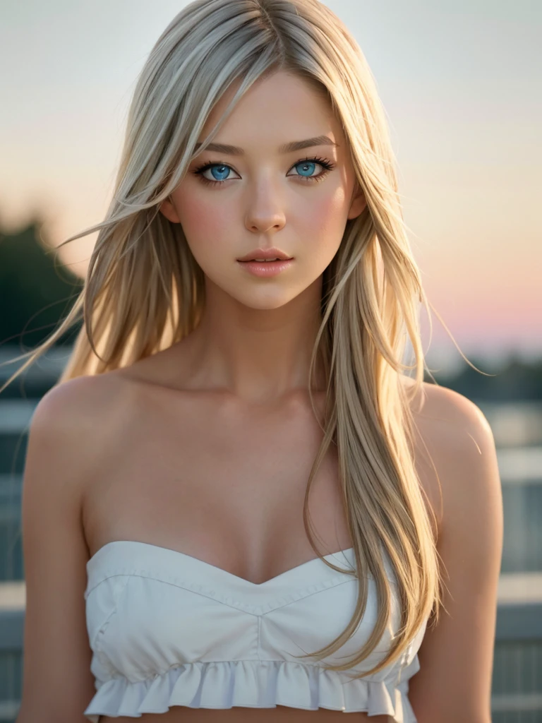 A beautiful t4r4r woman,1girl,solo,long hair,blue eyes,blonde hair,bare shoulders,upper body,sky,day,lips,grey eyes,realistic,soft lighting, professional Photography, Photorealistic, detailed, RAW, analog, sharp focus, 8k, HD, high quality, masterpiece