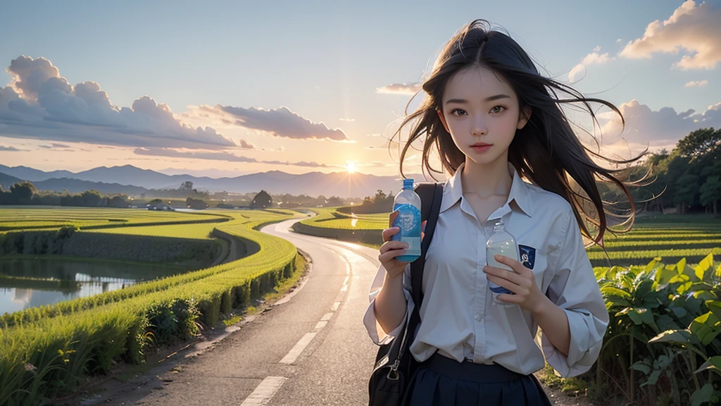 

8K、RAW Photos、Highest quality、Super detailed、Super Resolution、Ultra HD、8K壁紙、Amazing details summer、evening、sunset、A rural road lined with rice fields、Woman walking on a country road、16 year old school girl in uniform、Drink water、School bag、Blue sky、Shining Sun、Water bottle
