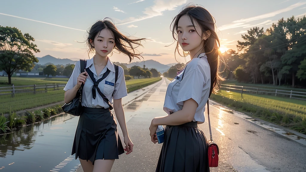 

8K、RAW Photos、Highest quality、Super detailed、Super Resolution、Ultra HD、8K壁紙、Amazing details summer、evening、sunset、A rural road lined with rice fields、Woman walking on a country road、16 year old school girl in uniform、Drink water、School bag、Blue sky、Shining Sun、Water bottle
