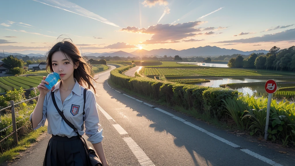 8K、RAW Photos、Highest quality、Super detailed、Super Resolution、Ultra HD、8K壁紙、Amazing details summer、evening、sunset、A rural road lined with rice fields、Woman walking on a country road、16 year old school girl in uniform、Drink water、School bag、Blue sky、Shining Sun、Water bottle