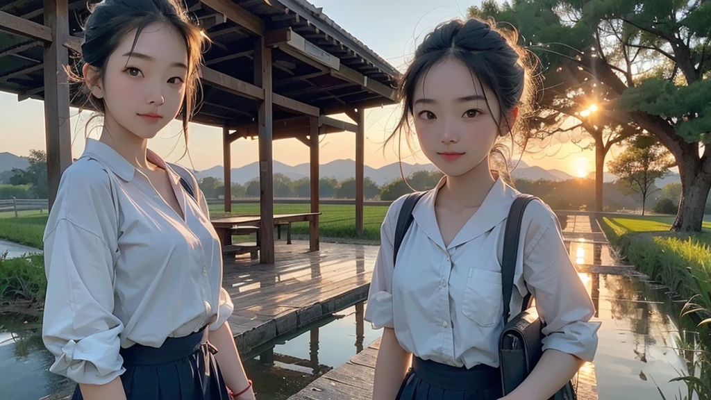 8K、RAW Photos、Highest quality、Super detailed、Super Resolution、Ultra HD、8K壁紙、Amazing details summer、evening、sunset、A rural road lined with rice fields、Woman walking on a country road、16 year old school girl in uniform、Drink water、School bag、Blue sky、Shining Sun、Water bottle