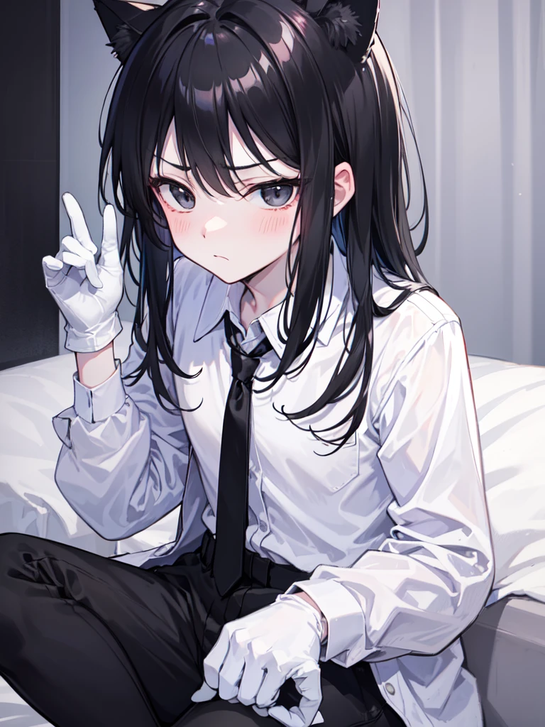 18-year-old Shota，cute，Wear a white long-sleeved shirt and a black work tie，Wear black pants，Wear black booties，Wear white gloves，wear cat ear，Black hair，Black eyes，blush，sweat，Fear，Unwilling，uncomfortable，Slobber，porn