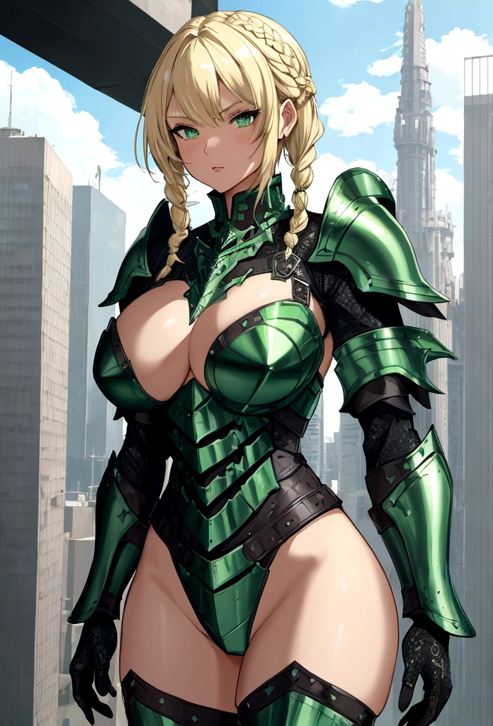 GtsGiga,knight,steel plated armor,green accents,muscalr,fair skin ton,giantess art,cityscape,Rampage, short hair,blonde,french braids,best quailty,masterpiece,mature neduim bosom,solo,1girl 