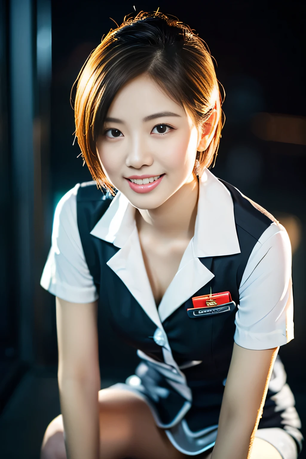 (a gorgeous lady, 21, Flight Attendant uniform, Shenzhen Airlines Stewardess, wet white shirt, wet red mini-skirt, kneeling in a bathroom, dimpled smile, short ponytai hair, short bob hair, cute snaggleteeth, well-endowed round bosom, long flawless legs, photorealistic, beautiful detailed eyes, beautiful detailed face, hyper-realism, high contrast, ultra HD, realistic skin textures, top image quality, top-quality, super high resolution, fine details, very meticulously, close-up shot, head to thigh, romantic night, dark bokeh background)