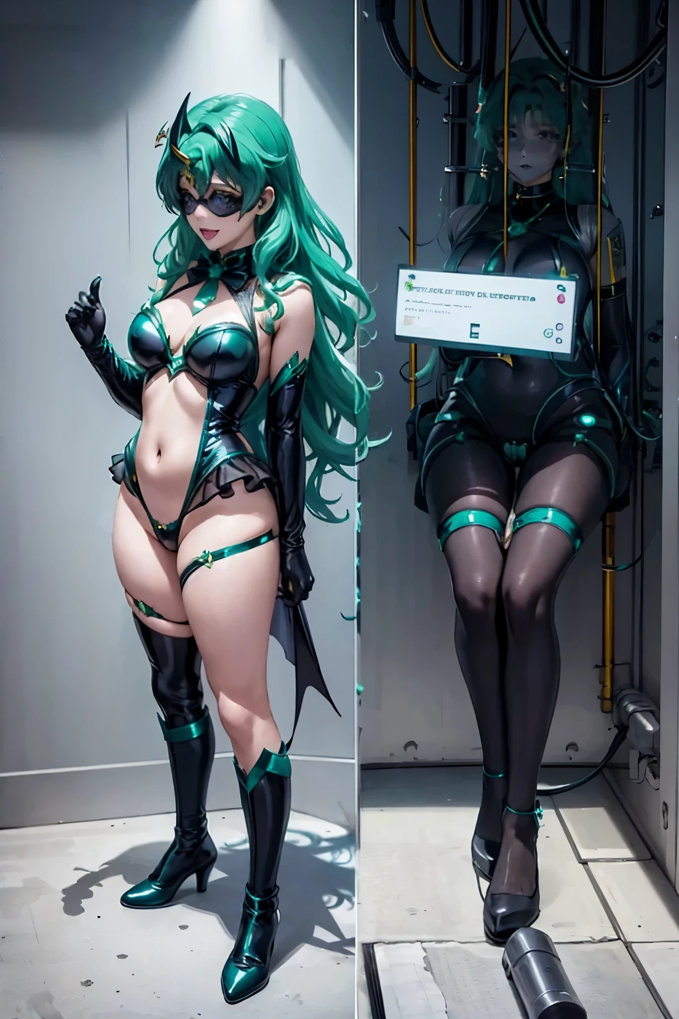 SailorNeptune. solo. Aqua color hair. Smirk. Empty Eyes. dark costume. Transparent Bodystocking. shout. dark costume. corruption. bat hair ornament. bat motif black eye mask. Black headphone. succubus-style. squat pose
