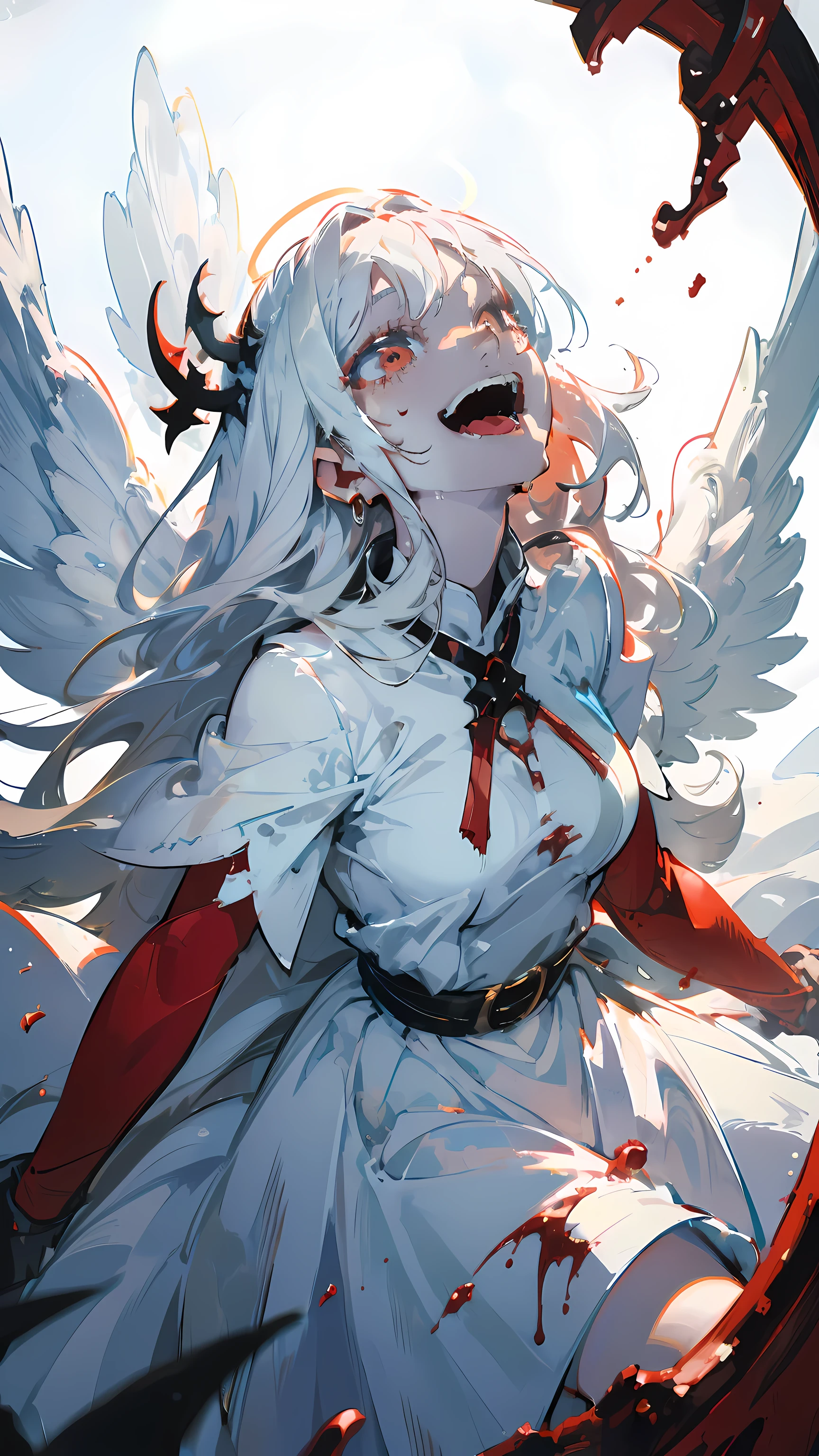 (woman\(A blood-red, dark angel halo is on his head., Angel Girl,My mouth is split,Pure white hair,Red eyes, Pure white skin, White costume,The girl is laughing wildly with her mouth wide open,Eyes with dilated pupils,Scary,A large amount of dark red liquid drips from the mouth and eyes.,Crazy smile,Monster,Monster mouth,\) pure white world、Looking up at me,Attacking pose,Wings made of blood (I&#39;m in the beautiful outdoors, Monster tentacles,horor, mysterious,Blood Monster (Dark red liquid floating in the air,Spooky background),quality\(8K,Highly detailed CG unit wallpaper, masterpiece,High resolution,top-quality,top-quality real texture skin,surreal,Increase the resolution,RAW Photos,highest quality,Very detailed,wallpaper,Cinema Lighting,Ray-tracing,Golden Ratio\),Long Shot,Overall, it looks ephemeral.,The depiction range is from the waist up,High quality facial depiction,High-resolution facial depiction,ephemeral,Low saturation,***********,1 person, evil spirit