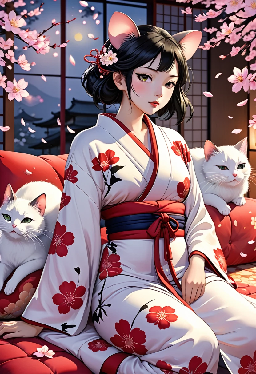 (utamaro style:1.2) , Hallucination, daydream , nightmare , Insane Dream , bokeh , erotica , romance , realistic mouse girl and realistic cat , kimono , futon , Petals fluttering down