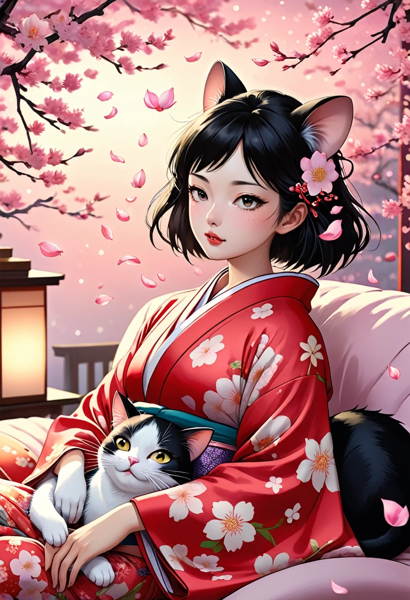 (utamaro style:1.2) , Hallucination, daydream , nightmare , Insane Dream , bokeh , erotica , romance , realistic mouse girl and realistic cat , kimono , futon , Petals fluttering down