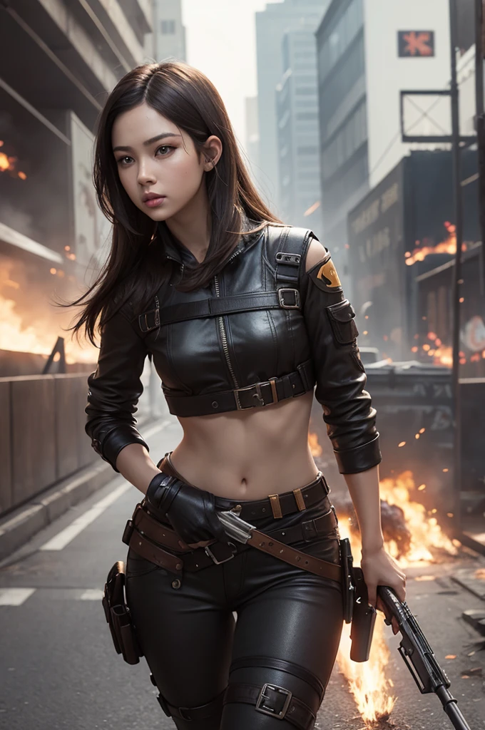 Draw Caitlyn from League of Legends in her Piltover police uniform, with her hextech rifle slung over her shoulder. She’s in the middle of using her 90 Caliber Net, launching a net with one hand while backflipping away from an explosion, showcasing her agility and resourcefulness