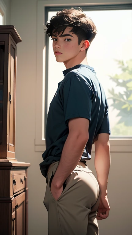(1boy), femboy, (aesthetic:1.2), (realistic:1.25), ultra-detailed, (best quality, 4k, 8k, highres, masterpiece:1.2), portrait, soft lighting, painting-like, beautiful detailed eyes, beautiful detailed lips , slim figure, (femboy:1.2), (petite:1.1), (twink:1.1), light orange shirt, unbuttoning pants, revealing, white hair, blue eyes, (round ass:1.1), (rear view:1.1), (strip:1.1), (tease:1.1), (bottomless:1.1), (posing:1.1), (delicate:1.1), (boy), (man), (twink), (testicles)