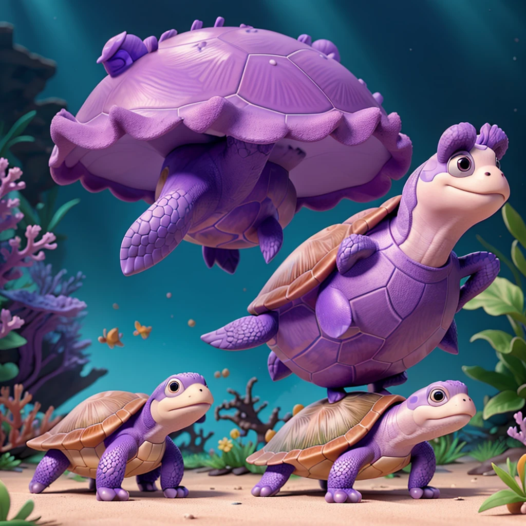 a lone turtle exploring a purple coral