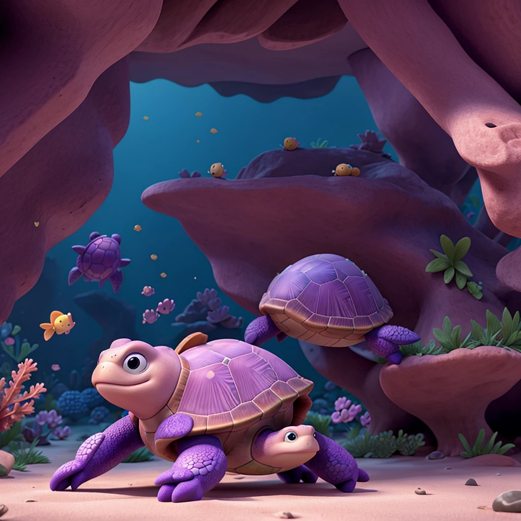 a lone turtle exploring a purple coral
