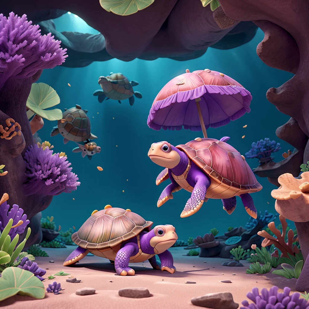 a lone turtle exploring a purple coral