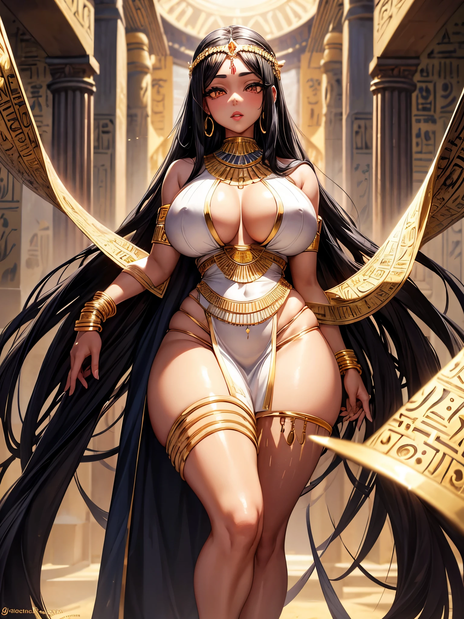 1 woman, black hair, very long hair, golden eyes, beautiful eyes, big eyes, big lips, glossy lips, very curvy body, big breasts, long legs, big butt, wide hips, thick thights, defined image, seductive gaze, ancient Egyptian, ancient Egyptian queen, big gold earring, gold necklace, gold bracelets, white dress, sexy