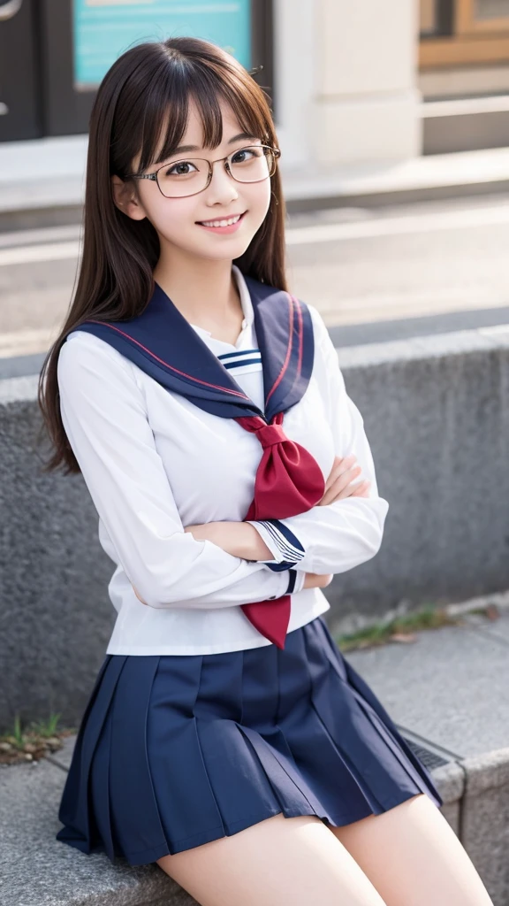 Glasses, Sailor uniform, Smiling, Short skirt, Sitting next to