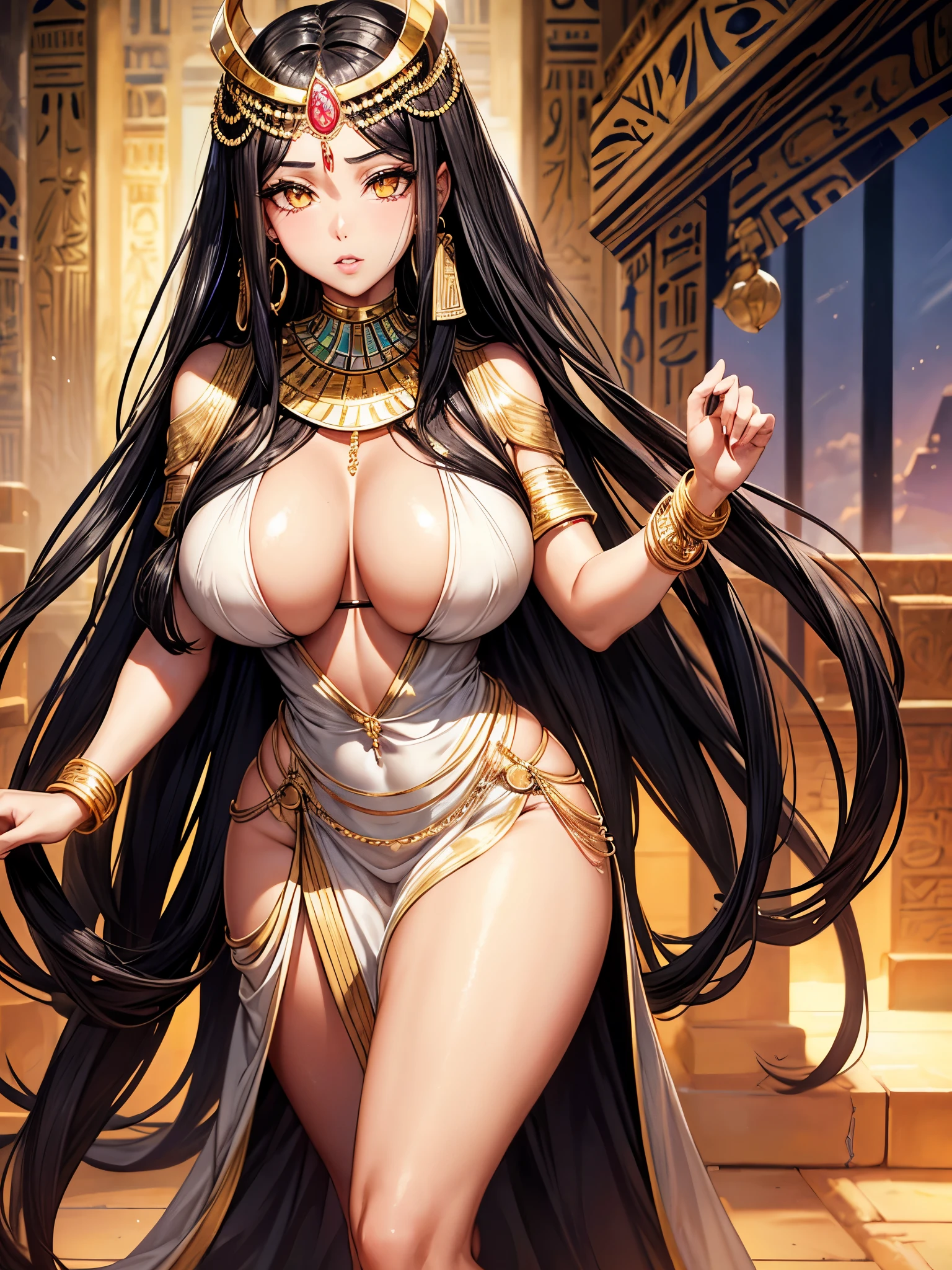 1 woman, black hair, very long hair, golden eyes, beautiful eyes, big eyes, big lips, glossy lips, very curvy body, big breasts, long legs, big butt, wide hips, thick thights, defined image, seductive gaze, ancient Egyptian, ancient Egyptian queen, big gold earring, gold necklace, gold bracelets, white dress, sexy