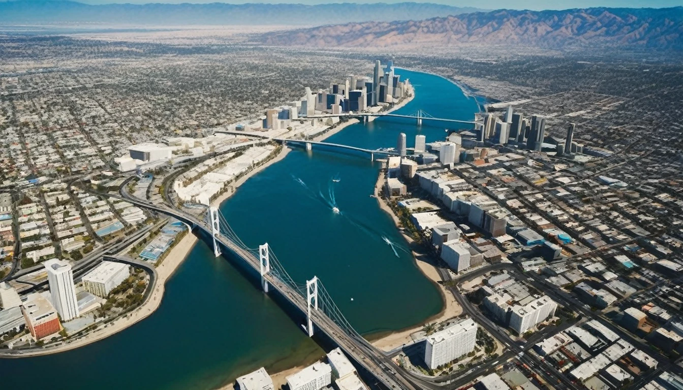 high angle view from above Los Angeles, California in 3060. The dysoptian city is divided by a river into two parts, futuristic high tech bridges connect the two parts, different styled buildings along the riverside. The crashing blue waters create white-tipped waves while the sun illuminates the shore. The futuristic high tech Los Angeles city with many skyscrapers and bridges, bustling city with intricate details and photorealistic materials.Consistent structure of the buildings, static environment, volumetric lighting, best shadows. Photorealistic Reflections on the water, realistic splashing waves, real water surface. This is a view that captures the raw beauty of the coast and the rugged landscape. Realism, Cinematic, Photoreal,natural lights, neutral colors, lomochrome, Panavision 70s movie styled in color, celluloid, uhd, hdr, 4k, 35mm film
