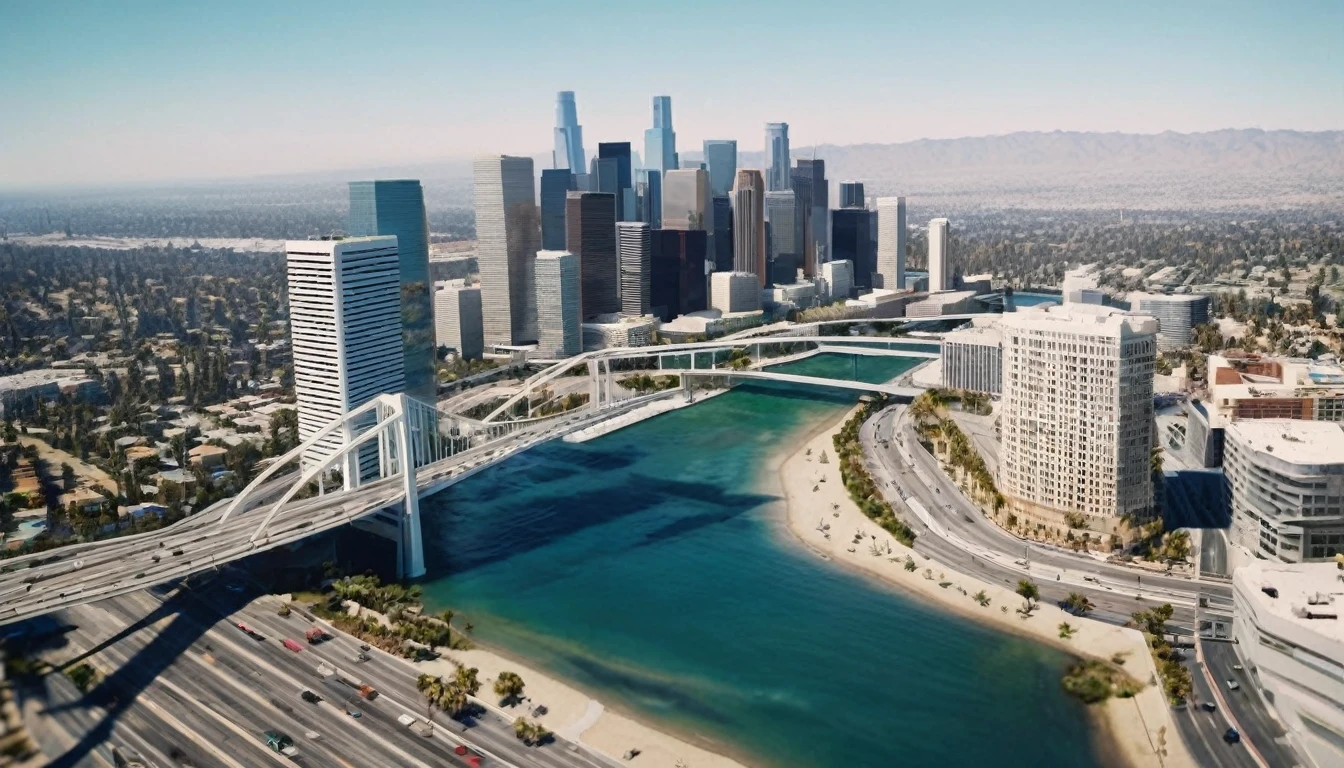 high angle view from above Los Angeles, California in 3060. The dysoptian city is divided by a river into two parts, futuristic high tech bridges connect the two parts, different styled buildings along the riverside. The crashing blue waters create white-tipped waves while the sun illuminates the shore. The futuristic high tech Los Angeles city with many skyscrapers and bridges, bustling city with intricate details and photorealistic materials.Consistent structure of the buildings, static environment, volumetric lighting, best shadows. Photorealistic Reflections on the water, realistic splashing waves, real water surface. This is a view that captures the raw beauty of the coast and the rugged landscape. Realism, Cinematic, Photoreal,natural lights, neutral colors, lomochrome, Panavision 70s movie styled in color, celluloid, uhd, hdr, 4k, 35mm film