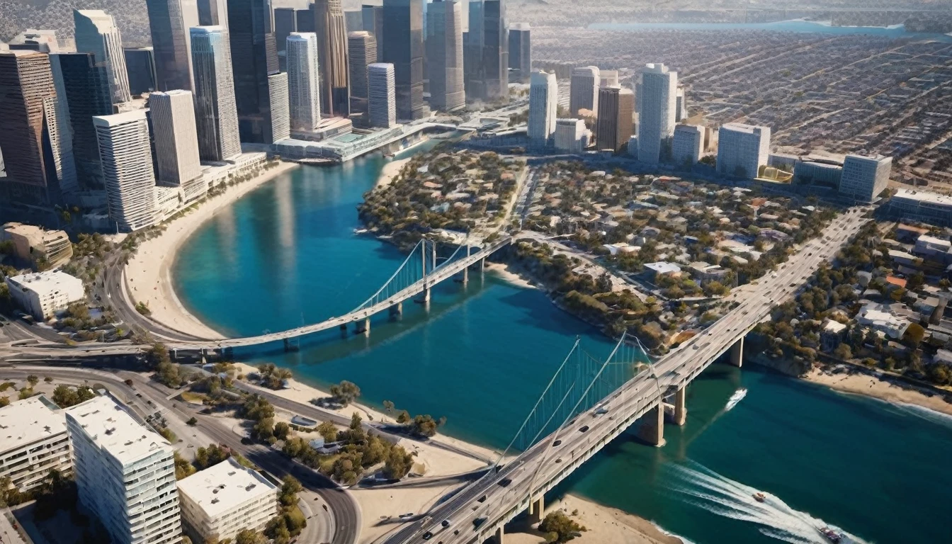 high angle view from above Los Angeles, California in 3060. The dysoptian city is divided by a river into two parts, futuristic high tech bridges connect the two parts, different styled buildings along the riverside. The crashing blue waters create white-tipped waves while the sun illuminates the shore. The futuristic high tech Los Angeles city with many skyscrapers and bridges, bustling city with intricate details and photorealistic materials.Consistent structure of the buildings, static environment, volumetric lighting, best shadows. Photorealistic Reflections on the water, realistic splashing waves, real water surface. This is a view that captures the raw beauty of the coast and the rugged landscape. Realism, Cinematic, Photoreal,natural lights, neutral colors, lomochrome, Panavision 70s movie styled in color, celluloid, uhd, hdr, 4k, 35mm film