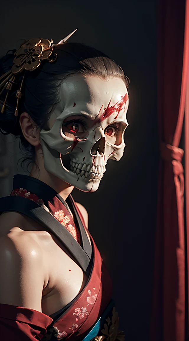 "(Best lighting, dark, dramatic),(Geisha skull spitting red ink, scar, sexy, brain, Blood, In the head, terrorism.),(Red eyes, Calaveras). Morning light.The neck is insanely long