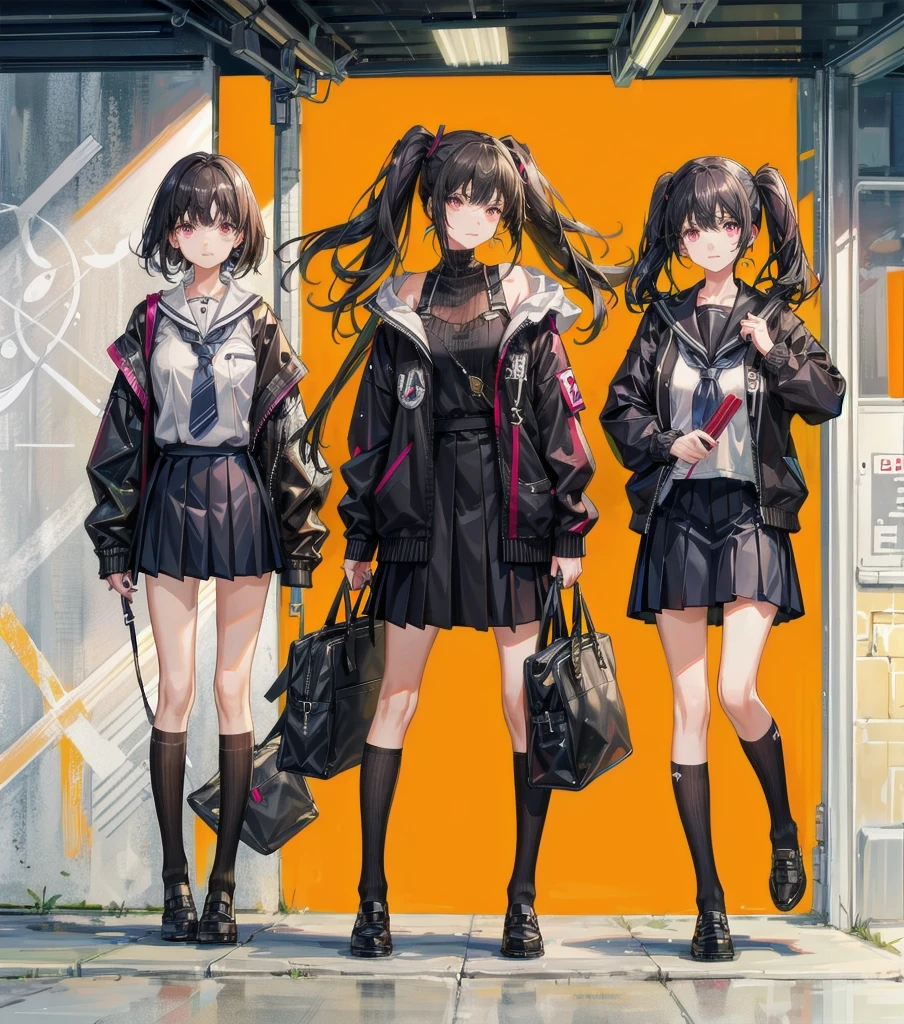 full body, medium tits, medium hair, black hair, tearful mole, earring, 3girls, different clothes, school_uniform,