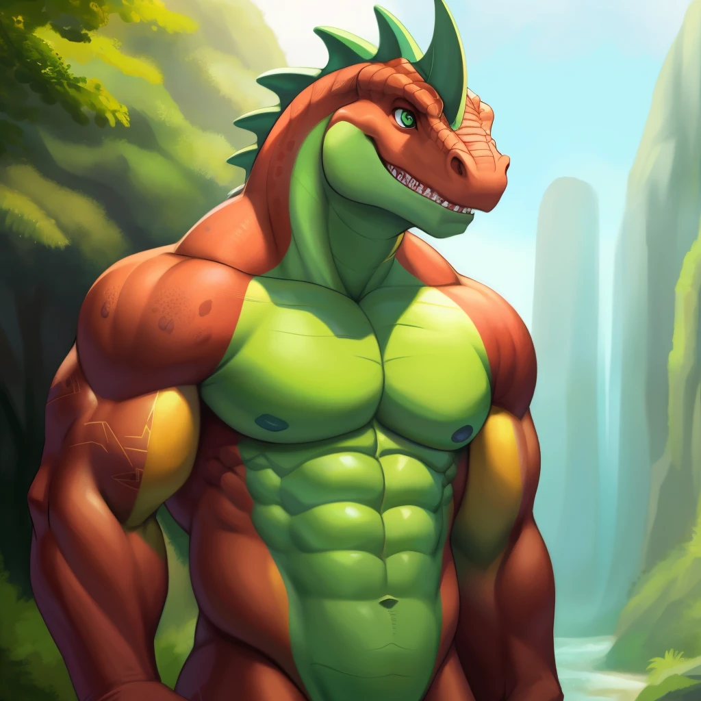 Male, anthropomorphic dinosaur (Dinnosauro fofo), full body, muscular build, playful expression, soft brown fur, green scaled texture, intricately detailed, highest quality rendering, bright and colorful environment, solo pose, looking directly at viewer, detailed face with expressive eyes, realistic and lifelike, trending on ArtStation, by ArtisticallyWilde, by DinosaurWhisperer, by LithoDragon.