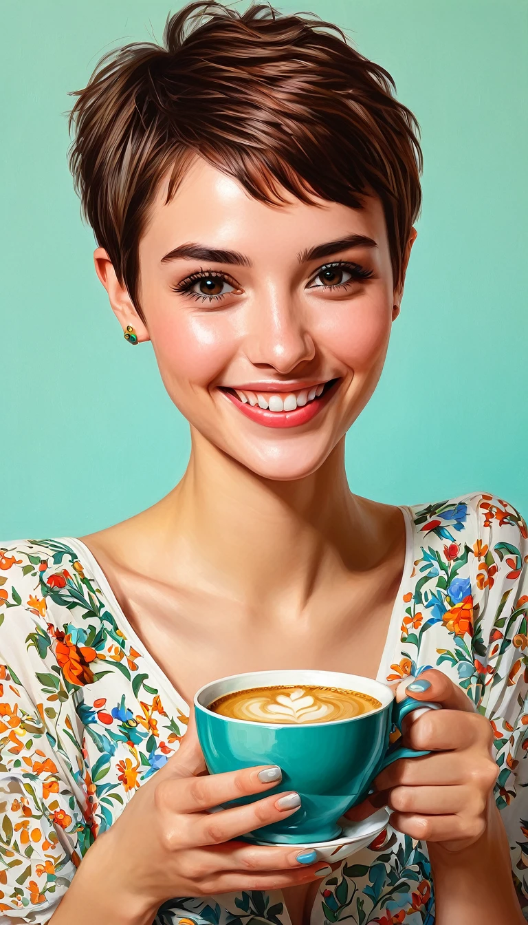 creates a woman smiling short hair pixie , Flores, yuna cup of coffee masterpiece, estilo illustration de Ali Erturk, high detail, hyperrealistic, natural light,illustration , Bright colors