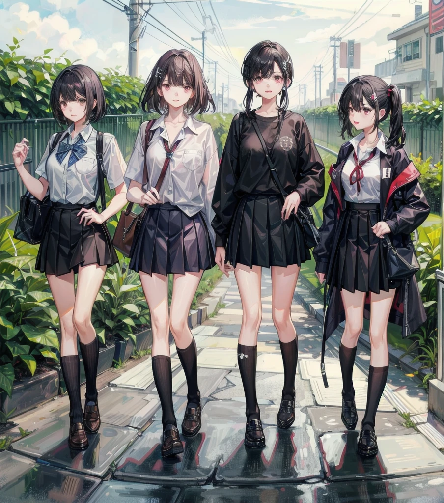 full body, medium tits, medium hair, black hair, tearful mole, earring, 3girls, different clothes, school_uniform, shirt, skirt,