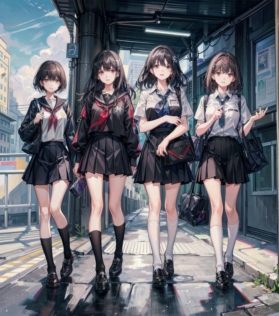 full body, medium tits, medium hair, black hair, tearful mole, earring, 3girls, different clothes, school_uniform, shirt, skirt,