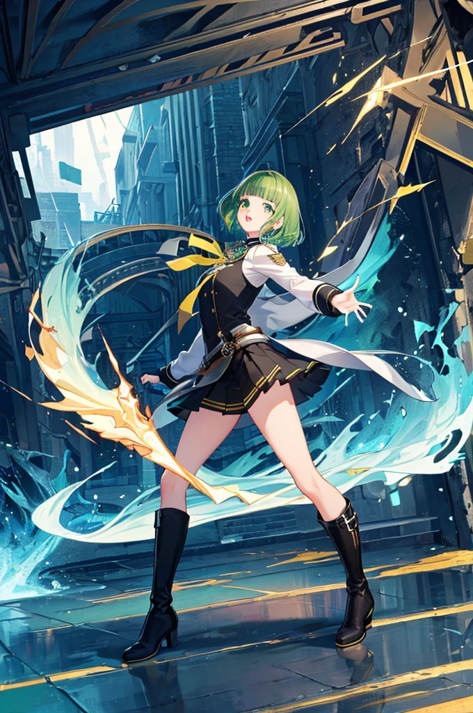 [(with a cathedral background:1.4)::5],original,(shape:1.1),(highest quality),(Tabletop:1.1),(Highly detailed CG Unity 8k wallpaper:1.1), (colorful:0.9),(Mid Shot:0.95),(very detailed beautiful whole body),Dynamic Angle,(alone:1.2), (girl),(((Adult))), (Beautiful eyes in every detail:1.15), (Beautiful Face:1.15), (Glowing green eyes:1.25////),(Gemstone Eyes),(Green Short Hair),(Blunt bangs),((The girl wear a black knight uniform)),Realistic,, girl,Green Hair,((Black long boots)), Black mini skirt,Black knee socks(rage),(Contempt and contempt),rage,(beautiful slender girl),((Adult)),((whole body)),Valkyrie, Decorations,((Thin legs)),((slender girl)),Front Angle,Front Angle,