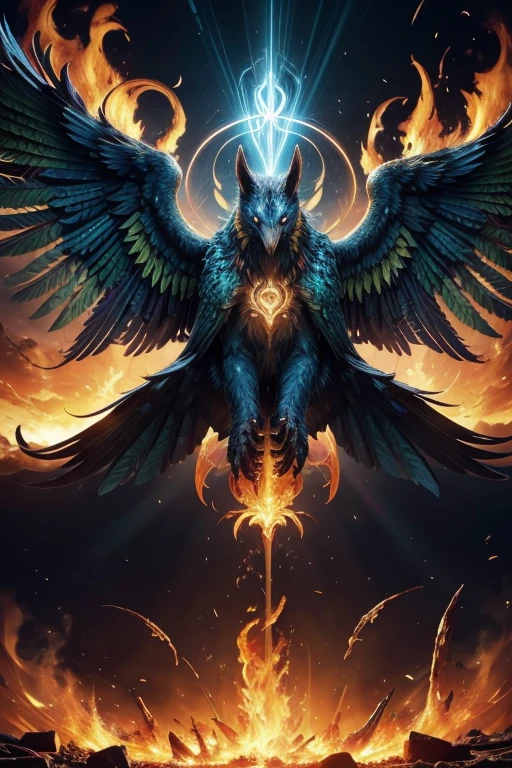 A Phoenix emerging from the flames with its wings open in flames with yellow, blue and green colors, holding the symbol of medicine in its right claw and the symbol of technology in its left claw with the background of the image being the sunrise with a blue sky, cinematic lighting, cowboy shot, god rays, best quality, HD, HD